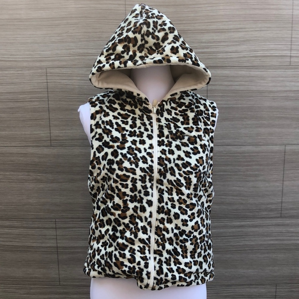 Reversible cheetah print hooded fleece vest